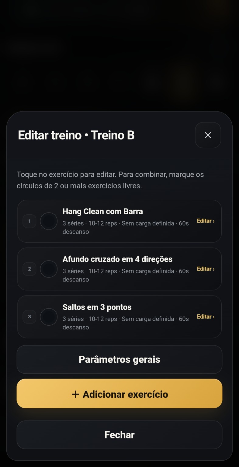 Tela real de edição individual dos exercícios