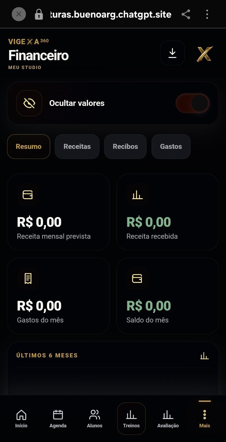 Tela real do financeiro com valores zerados visíveis e resumo de receitas gastos e saldo